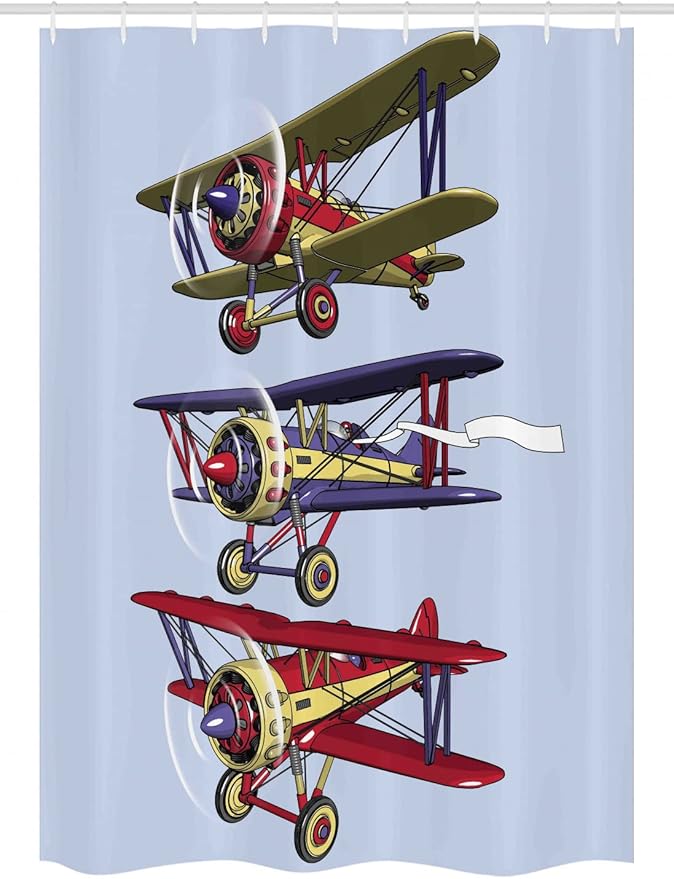 Ambesonne Airplane Stall Shower Curtain, 3 Biplanes Flies on a Background of The Sky Ink Paint Old Fashioned, Fabric Bathroom Decor Set with Hooks, 54" W x 78" L, Aqua
