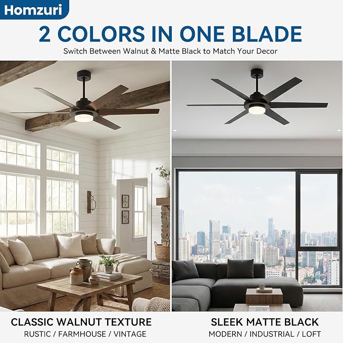 64 Inch Ceiling Fans with Lights, Large Ceiling fan with Light and Remote/APP Control, 3CCT, Dimmable, Noiseless DC Reversible Motor, 6 Blades Black Ceiling Fan for Bedroom Living Room Outdoor