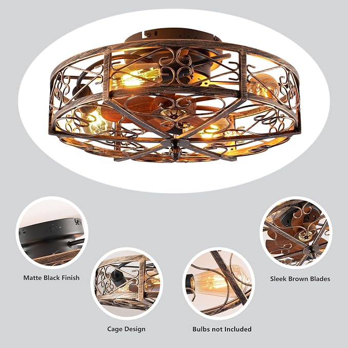 20" Flush Mount Caged Ceiling Fan with Lights, 6 Speeds Fandelier with Remote, Low Profile Farmhouse Ceiling Fan for Bedroom Kitchen
