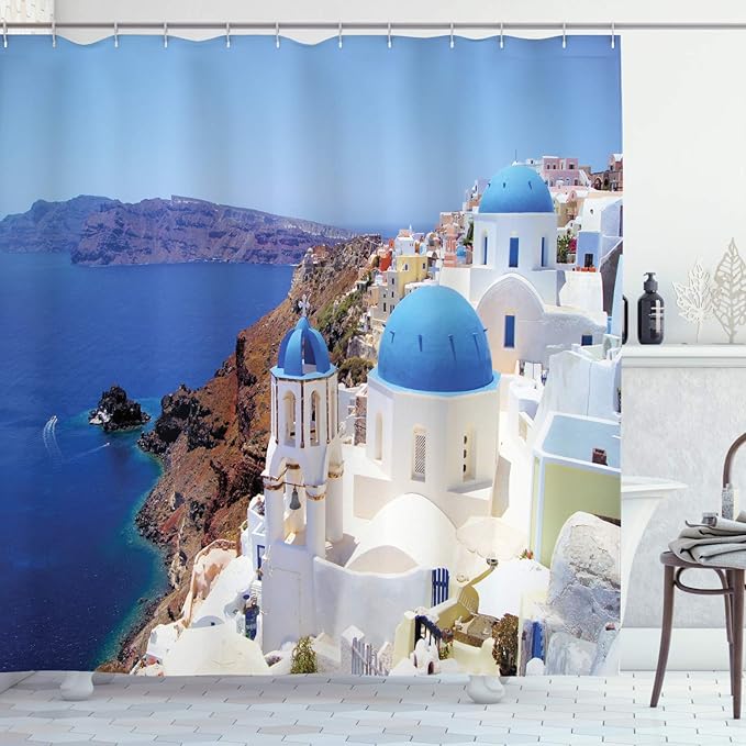 Ambesonne Coastal Shower Curtain, Panoramic Photo of Seascape and Historic Mediterranean Town Iconic Buildings, Cloth Fabric Bathroom Decor Set with Hooks, 69" W x 70" L, Blue and White
