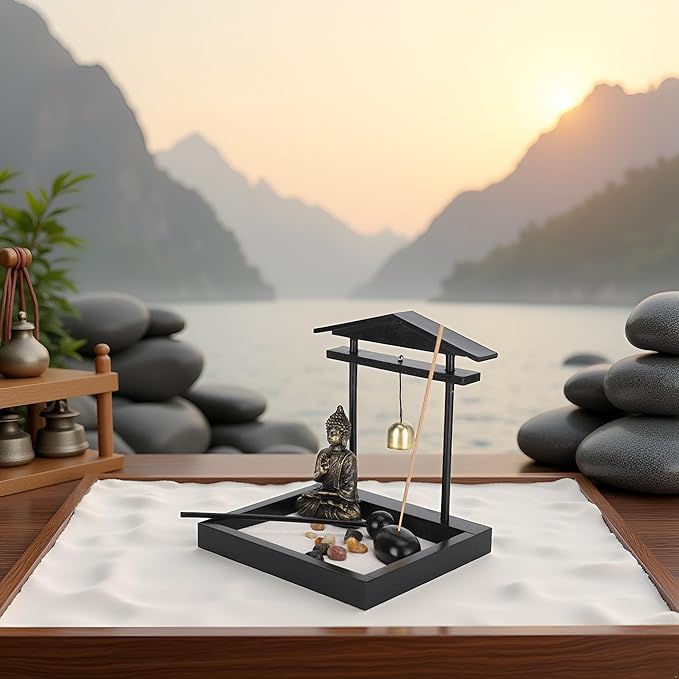 Zen Garden Desktop Sitting Buddha Ornament, Statue with Incense Holder Sand Decorative Stone Accessories for Home Office and Work Desk Collectible Figurines[1906]