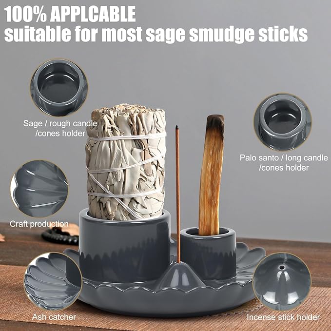4 in 1 Incense Holder, Incense Burner, Palo Santo Holder, Ceramic Ash Catcher Tray for Meditation Room, Candle Holder for Burning Sage (Gray)