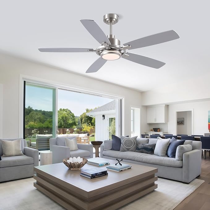SHIHOT 54" Silver Ceiling Fans with Lights and Remote for Bedroom Kitchen | 6 Wind Speeds, Reversible, Dimmable 3 Light Colors LED Light, 30W Noiseless DC Motor,5 Double-Sided Blades,2H Timer