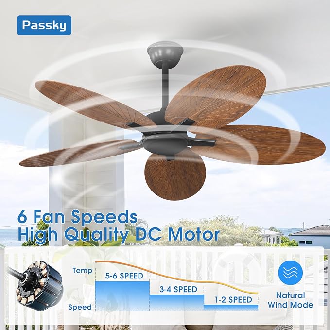 Passky Ceiling Fan No Light, 52 inch Tropical Ceiling Fan with Remote Control, Reversible, Super Quiet, High Quality DC Motor, Banana-leaf Shape Ceiling Fan for Bedroom, living room, Coverd Patio