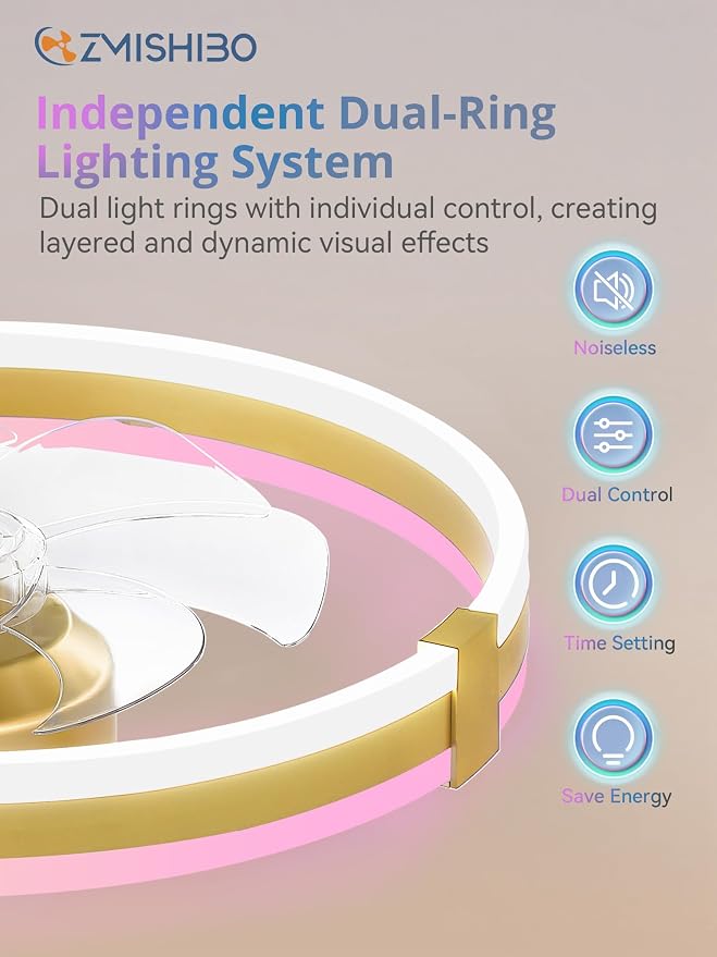 ZMISHIBO RGB Ceiling Fans with Lights and Remote, 20 inch Low Profile Ceiling Fan with Light, 3000K-6000K Dimmable & RGB, Modern Fandelier Flush Mount Ceiling Fan, Small LED Fan for Bedroom,Gold