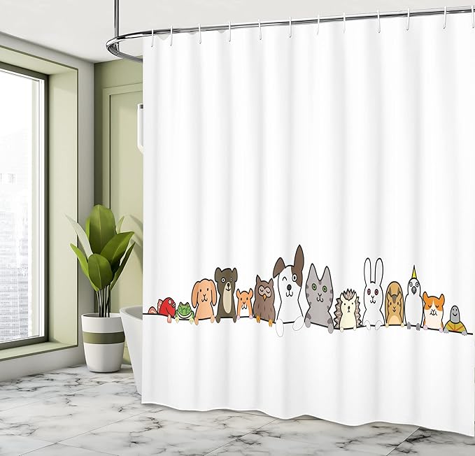 Ambesonne Cartoon Shower Curtain, Domestic Pets Various Animals with Funny Expressions Humorous Cartoon Style, Cloth Fabric Bathroom Decor Set with Hooks, 69" W x 70" L, Grey Salmon