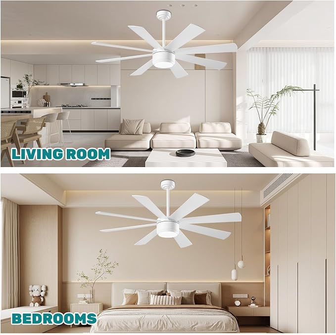 SHOWDI White Ceiling Fans with Lights and Remote, Quick Installation, 60 in | 2 Blade Color, Metal Material, App Remote Control, Timer, Reversible, 3CCT, Dimmable for Bedroom, Living room, Indoor