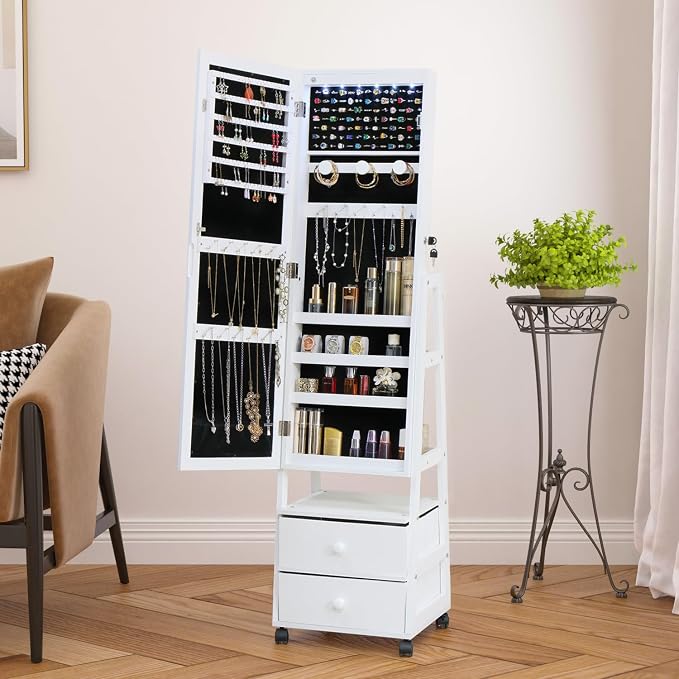 Jewelry Armoire Cabinet Organizer Standing with 20 LED Lights Lockable Full Length Mirror with Storage Shelves and 2 Drawers (White) Adjustable Tilt Angles Gift for Her
