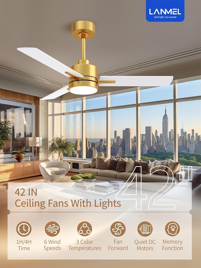 LANMEL 42'' Ceiling Fan with Lights and Remote, Low Profile Modern Ceiling Fan Gold, 6 Speed, Reversible, 3000k-6000k LED, Quiet DC Motor for Indoor Outdoor Bedroom Living Room
