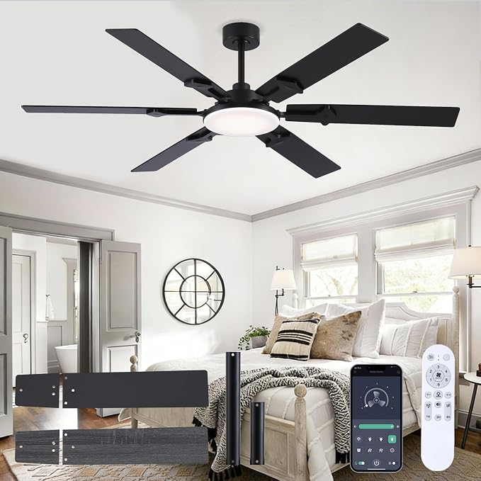 NKPU 66 Inch Large Ceiling Fans with Lights and Remote, Black Modern Indoor/Outdoor Ceiling Fan for Living Room Kitchen Patio, 6 Speed Reversible DC Motor, 3 CCT Lighting, Dual Finish 6 Blades
