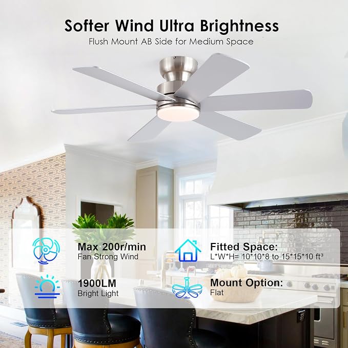 BayDay Ceiling Fans with Lights, Ceiling Fan with Remote APP, Dual-Sided Modern/Rustic, Reversible, 3CCT, Flush Mount Low Profile Ceiling Fan with Lights Bedroom Kitchen Indoor (Nickel, 46 inch)