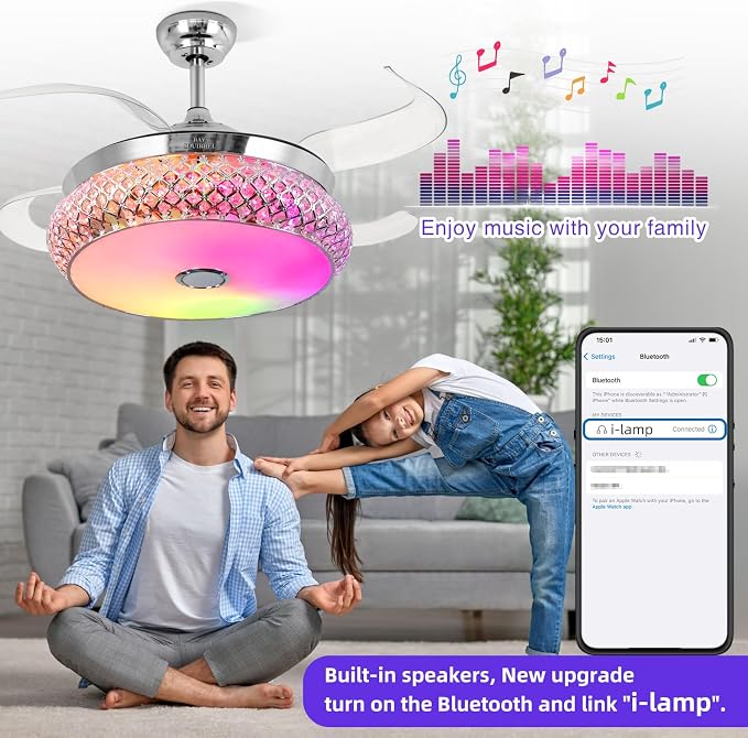 BAYSQUIRREL Retractable Ceiling Fan with Light, Low Profile Bluetooth Ceiling Fan with Speaker,RGB-LED Light 6 Speed Reversible Invisible Ceiling Fans for Bedroom,Remote and APP Control