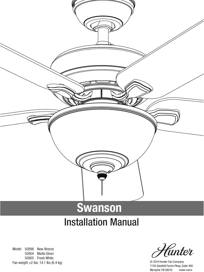Hunter Swanson, Indoor, Ceiling Fan, with LED Light, 44 inch, Fresh White | Standard Mount, Pull Chain, 5 Blades, For Bedroom, Living Room, Kitchen, 50905