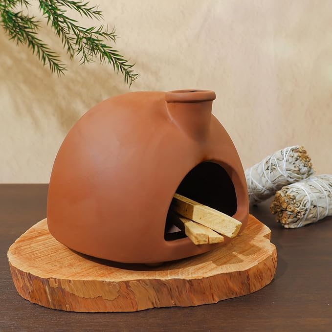 MOUGIGI Large Handmade Terracotta Palo Santo Holder - Chiminea Incense Dish with Chimney, Cone Burner for Sage, Ideal for Meditation, Zen, Yoga, Spa | Aromatherapy, Mindfulness, Altar Decor Gift