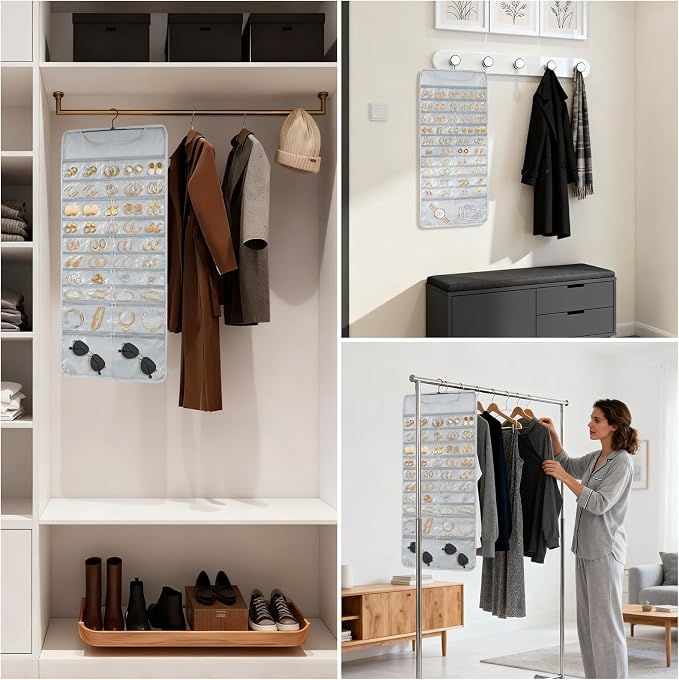 Hanging Jewelry Organizer Storage with 88 Zippered Pockets, Dustproof Foldable for Travel, Double-Sided Accessories Organizer Holder for Earrings Necklaces Rings on Closet Wall Door (Gray)