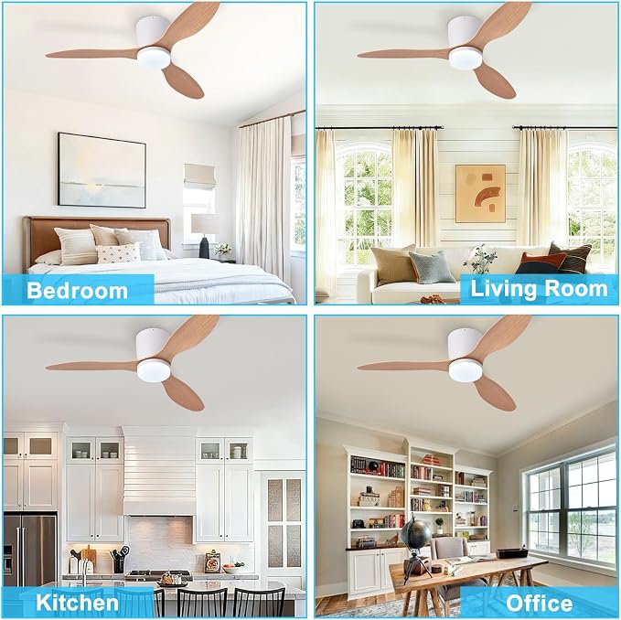 Depuley Flush Mount Ceiling Fan: 42-Inch White Ceiling Fans with Lights for Bedroom Indoor Outdoor - Low Profile Ceiling Fans with Remote Control 24W 3CCT Dimmable 3 Reversible Wood Blades 6 Speeds