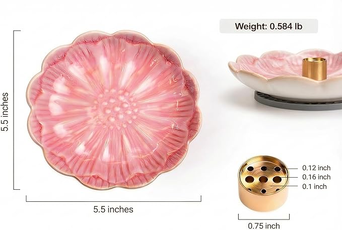 Pinehaven Ceramic Lotus Incense Holder – 5.5 Inch Hand-Sculpted Tray with Built-in Ash Catcher, Brass 9-Hole Insert for Sticks, Palo Santo, Sage & Cones – Japanese Zen Home Décor for Meditation