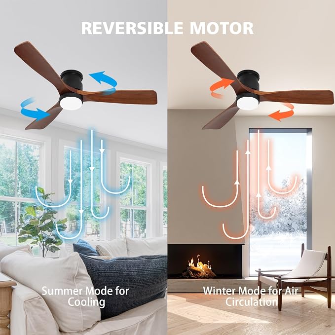 52" Dark Brown Ceiling Fan Flush Mount with Lights and Remote Control