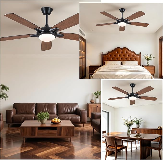 Kviflon 52 Inch Ceiling Fans with Lights and Remote, Modern Indoor Outdoor Ceiling Fan for Bedroom Living Room Patio Porch, 6 Speeds, Reversible Quiet Motor, Dual Finish Wooden Blades, Brown