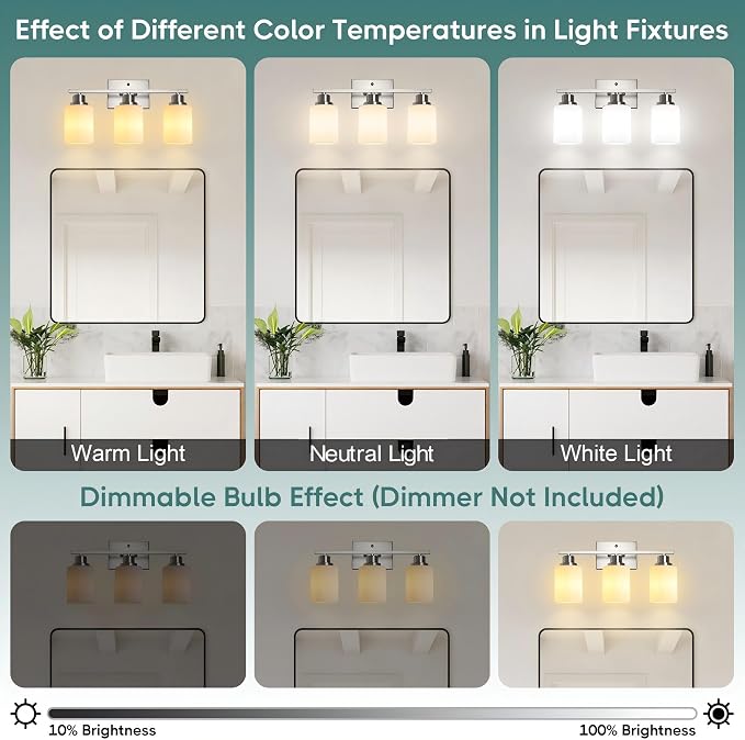 Ascher Bathroom Light Fixtures, 3-Light Vanity Light Over Mirror, Brushed Nickel Wall Sconces with Milky White Frosted Glass Shades, Wall Lamp for Living Room Bedroom, E26 Base(Bulbs Not Included)