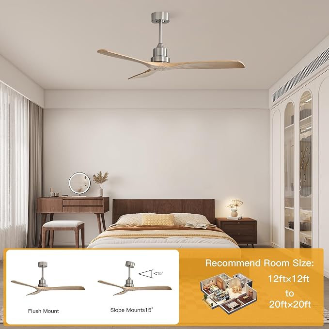 Sofucor Smart Ceiling Fan no Lights, 52" Low Profile Wood Ceiling Fans with Remote, Compatible with Alexa/Google/App, for Bedroom Living Room Patio Outdoor