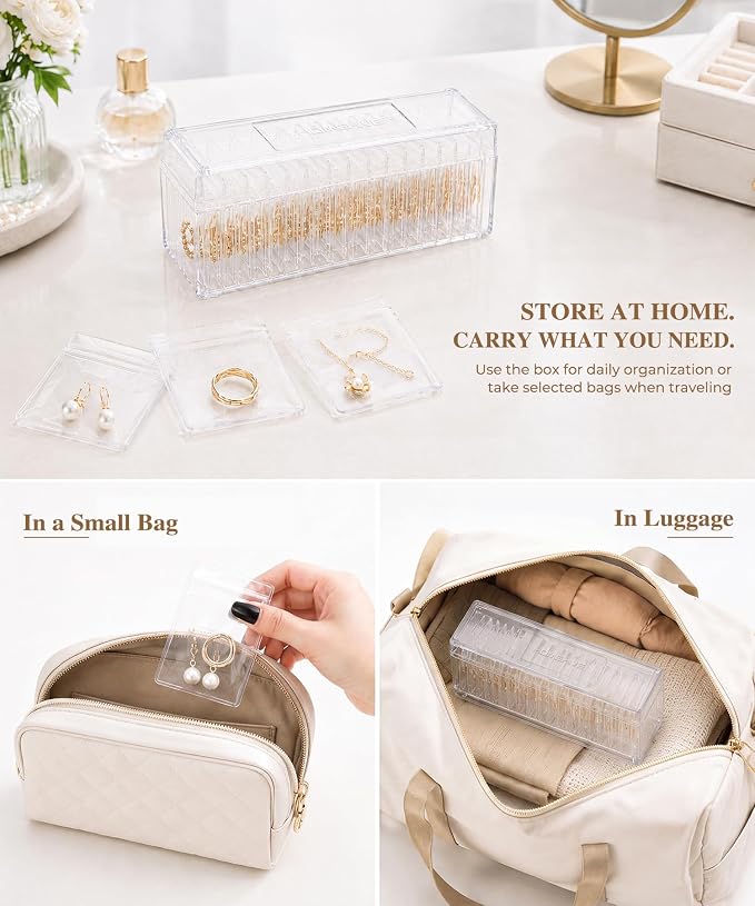 HOMEHIVE Acrylic Jewelry Box Organizer, Clear Jewelry Organizer and Storage with 20 Portable Anti Tarnish Jewelry bags, Travel Jewelry Case for Earrings/Rings/Necklaces Gifts for Women Girls, Clear