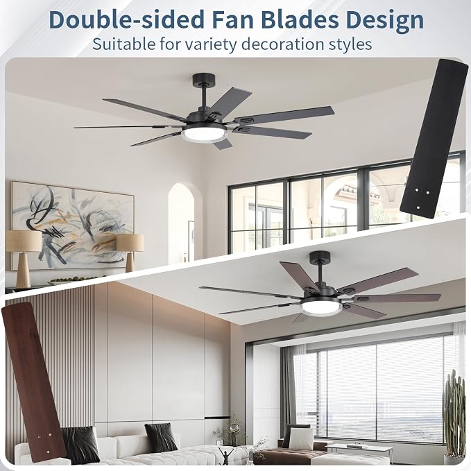 64 Inch Ceiling Fans with Lights and Remote,Living Room Office Library Cafe Outdoor, 5CCT Dimmable, Dual Color 7 Blades, 6 Speed Reversible Quiet DC Motor, Dual-Layer Shade, Black/Wood Grain