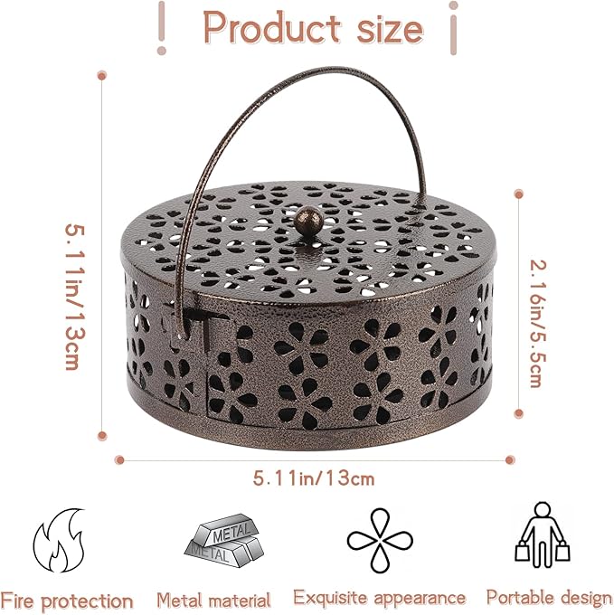 Portable Iron Mosquito Coil Holder with Handle Round Heat-Resistant Incense Holder for Home Office Camping (Bronze)