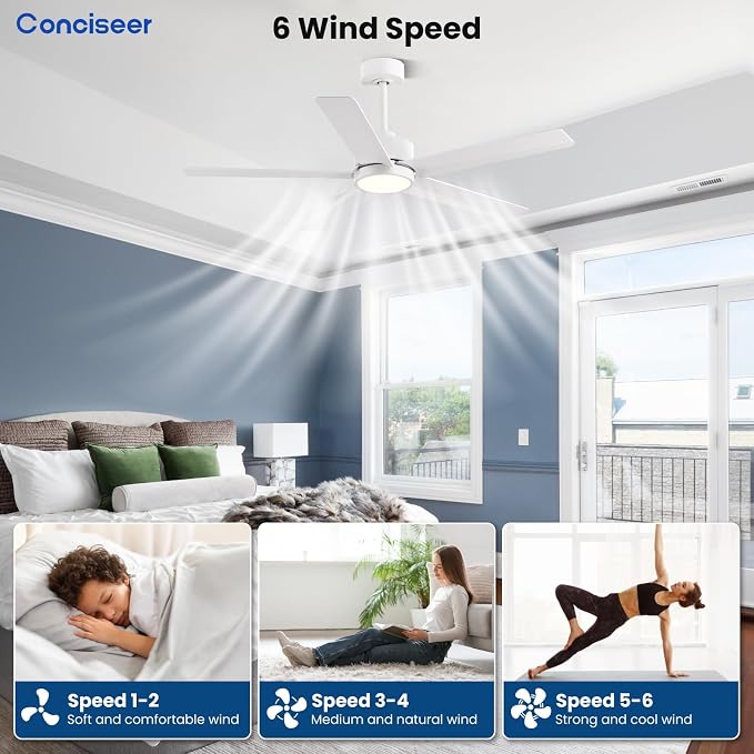 Conciseer Modern Ceiling Fans with Lights,52 Inch Ceiling Fans with Remote for Bedroom Living Room Kitchen, 18W 6CCT Dimmable，5 Blades 6 Speed Reversible Quiet DC Motor White