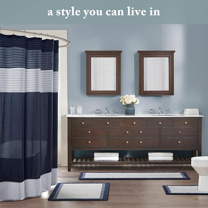Madison Park Amherst Bathroom Shower Curtain Faux Silk Pieced Striped Modern Microfiber Bath Curtains, 72x72 Inches, Aqua