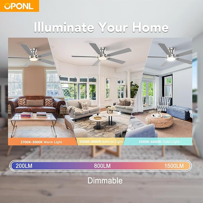 OPONL Ceiling Fan with Light, 52 inch Low Profile Ceiling fan with Light and Remote Control, Reversible, 6CCT, Dimmable, Noiseless, Nickel Ceiling Fan for Bedroom, Indoor/Outdoor Use, Modern