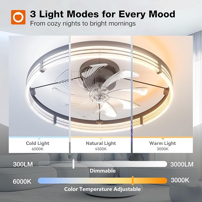 addlon Ceiling Fans with Lights and Remote, 24'' Low Profile Ceiling Fans, 3000-6000K Dimmable Modern Flush Mount LED Fan Light, Fandelier Ceiling Fan for Bedroom, Kitchen, Living Room, Black
