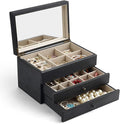Meangood Jewelry Box Organizer for Women, 3 Layer Large Jewelry Storage Case, Rustic Wooden Jewelry Box with Mirror & Ring Tray for Necklace Earring Bracelets Rings, Vintage Style (Black)