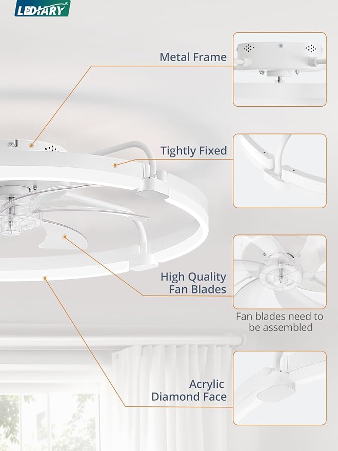LEDIARY 26" Ceiling Fans with Lights and Remote, Low Profile Led Fan Light | Stepless Dimmable Fandelier, 6 Wind Speeds, Remote and APP Control, Flush Mount Ceiling Fan for Bedroom, Living Room, White