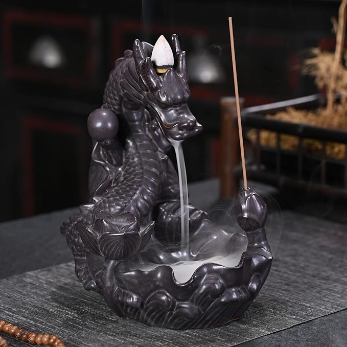 Dragon Backflow Incense Burner Waterfall Incense Holder Aromatherapy Ornament Handmade Ceramics Gift Home Decor, with 10 Backflow Incense Cones for Waterfall Burner