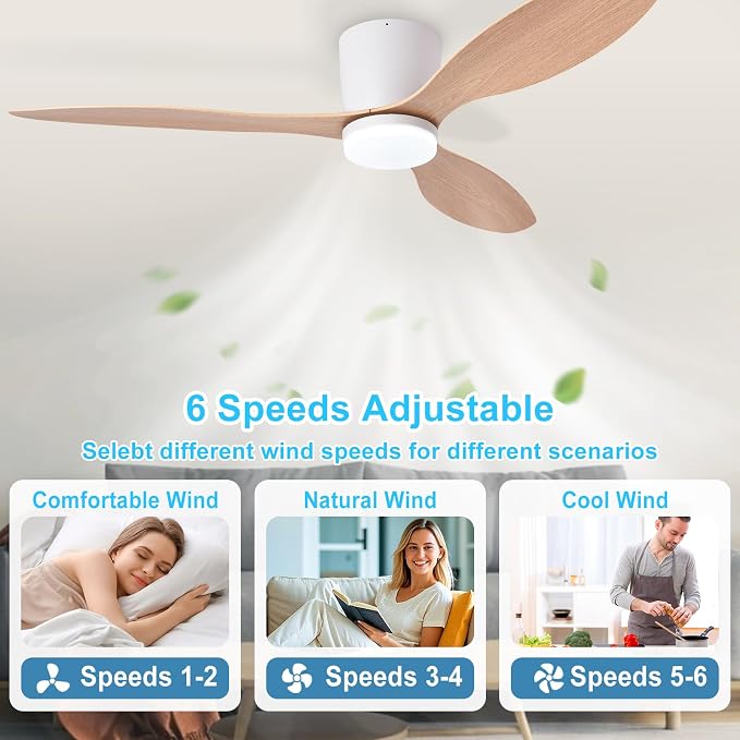 Depuley Flush Mount Ceiling Fan: 52-Inch White Ceiling Fans with Lights for Bedroom Indoor Outdoor - Low Profile Ceiling Fans with Remote Control 24W 3CCT Dimmable 3 Reversible Wood Blades 6 Speeds