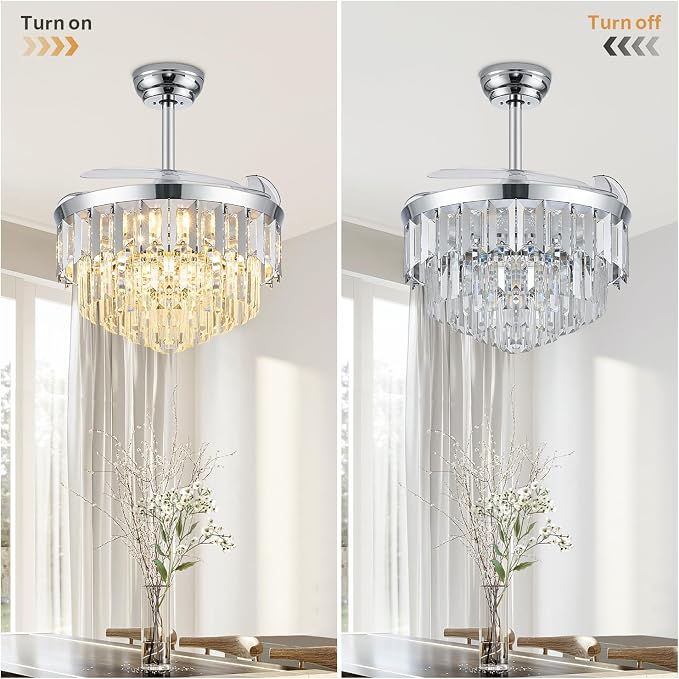 TXCSLY 48" Fandelier Ceiling Fan with Light, Crystal Chandelier Fan with Retractable Blades Dimmable Crystal Ceiling Fan Chandelier for Bedroom Living Room Dining Room-Chrome