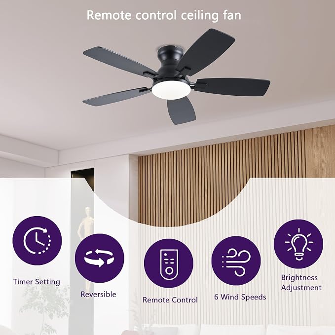 NKPU Ceiling Fans with Lights, Low Profile Ceiling Fan with Light and Remote/APP Control, DC Motor, Noiseless, Flush Mount, 42inch Black Ceiling Fan for Bedroom Indoor/Outdoor Use