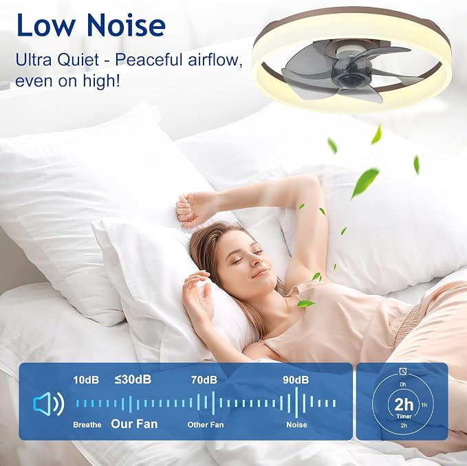 DLLT LED Ceiling Fan with Light: 16" Modern Low Profile Flush Mount Fandelier with App & Remote Control - Dimmable Brown Bladeless Fan Light Fixture for Bedroom Kids Room Living Room