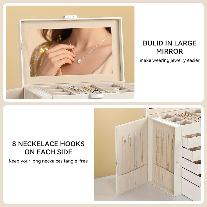 Frebeauty 6-Layer Jewelry Box for Women,Large Jewelry Organizer with Drawer | Faux Leather,Built-in Mirror,Spacious Jewelry Storage,16 Necklace Hooks,Organizing by Category for Rings Earrings Bracelet