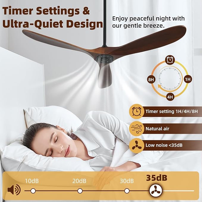 Outdoor Ceiling Fan Without Light, 60 Inch Smart Ceiling Fan with Remote & Voice Control for Alexa/Google, 3-Blade Wood Fan, Quiet DC Motor, 6 Speeds for Patio, Porch, Farmhouse, Dark Walnut