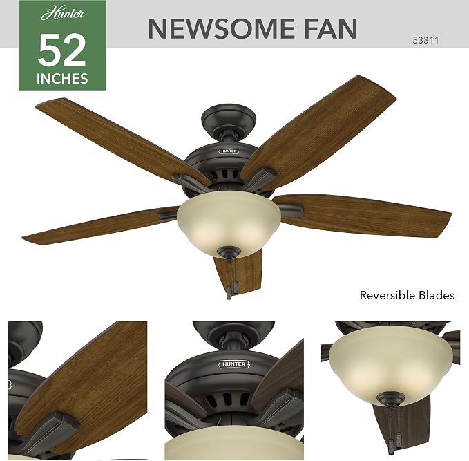 Hunter 52 inch Indoor Ceiling Fan with LED Light - Bronze Ceiling Fan with Pull Chain, For Bedroom or Living Room, Standard Mount, No Remote, 5 Blades, Includes Bulbs - Newsome 53311, Premier Bronze | with LED Light, Standard Mount, 5 Blades, For Bedro...
