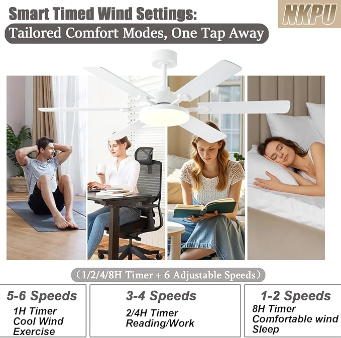 NKPU 56 Inch Ceiling Fans with Lights, Modern White Ceiling Fan with Light and Remote Control, 6 Double Sided Blades, 6 Speed Reversible Motor, Dimmable LED, Silent Timing, Indoor Outdoor Patio Use