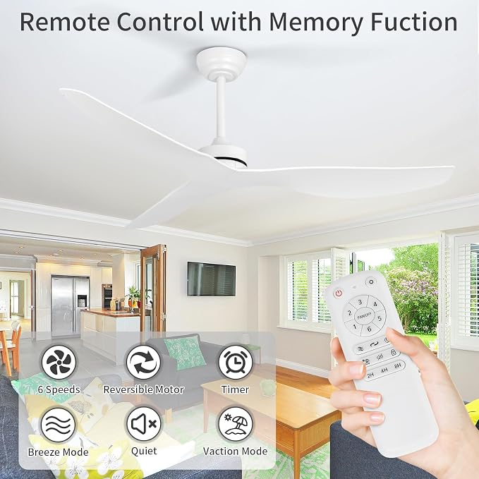 Ceiling Fans without Light,52 Inch Ceiling Fan with Remote Control,3 Reversible Blade,White Ceiling Fan for Bedroom, Living Room,Hallway