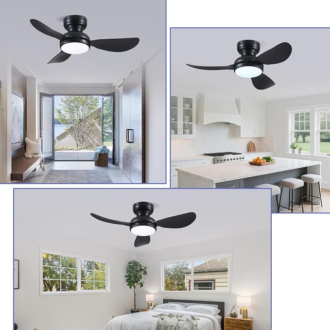 Kviflon 36 Inch Flush Mount Ceiling Fan with Light, 3 Reversible Blades, Remote & APP Control, 3 CCT Dimmable for Bedroom Living Room, Black