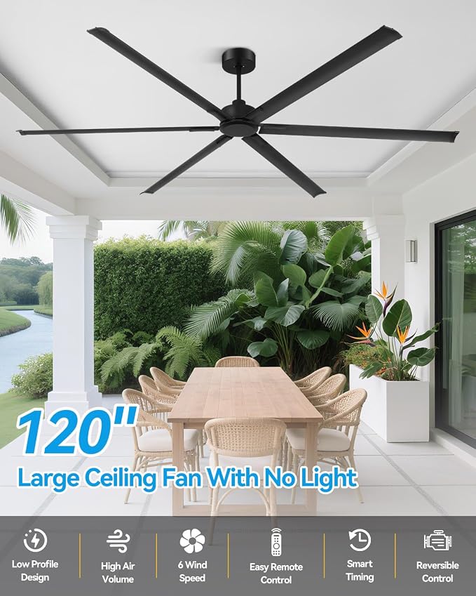 [Heavy Duty] 120 Inch Industrial Ceiling Fan, Big Assed Fan, HVLS Extra Large Commercial Ceiling Fan with Aluminum Blades, Remote Control, Powerful Reversible DC Motor for Warehouse, Shop, Garage