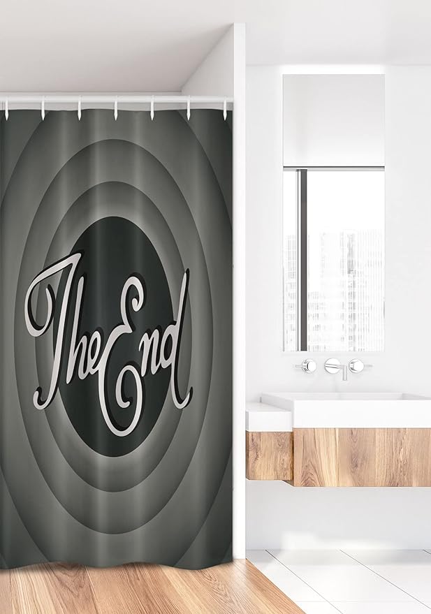 Ambesonne 1950s Stall Shower Curtain, Vintage Movie Ending Screen Hollywood Industry Film and Television, Fabric Bathroom Decor Set with Hooks, 36" W x 72" L, Grey Green
