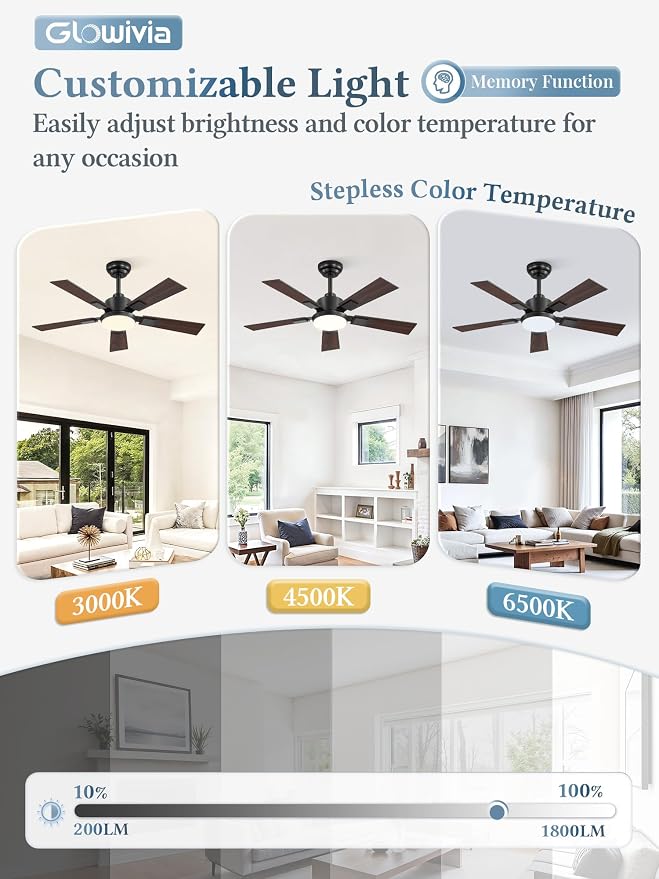 42 Inch Ceiling Fans with Lights and Remote&APP Control, Black Smart Ceiling Fan with 3000-6000K Dimmable, 6 Speeds Quiet Reversible Motor, Indoor/Outdoor Ceiling Fan for Bedroom Living Room