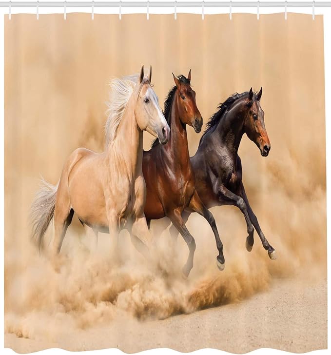 Ambesonne Horses Shower Curtain, 3 Horse Running in Desert Storm Mythical Mystic Messenger Animals Habitat Print, Cloth Fabric Bathroom Decor Set with Hooks, 69" W x 75" L, Brown Cream