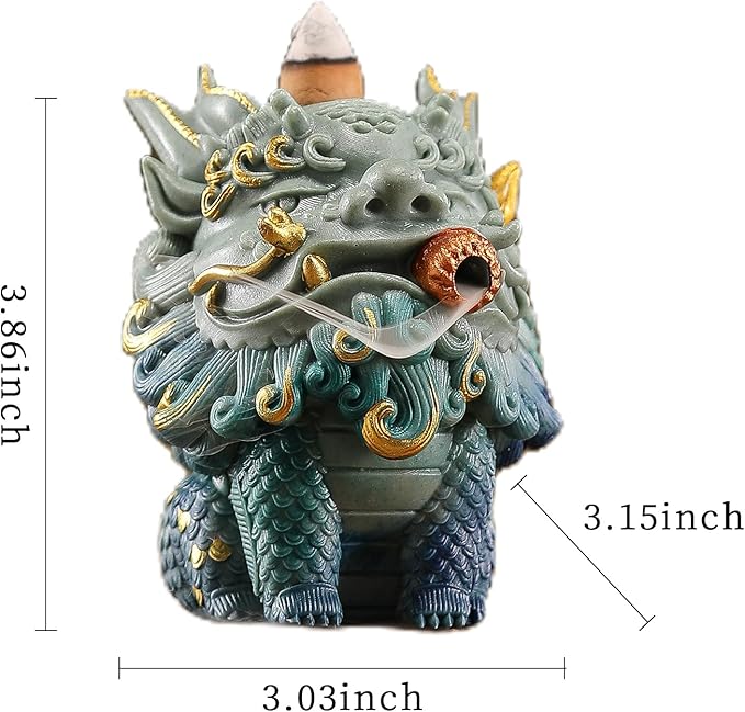 Backflow Incense Burner - Resin Tabletop Incense Holder for Cones, Fortune Dragon Statue Home Decor, Desktop Aromatherapy Ornament with Smoke Waterfall Effect for Living Room